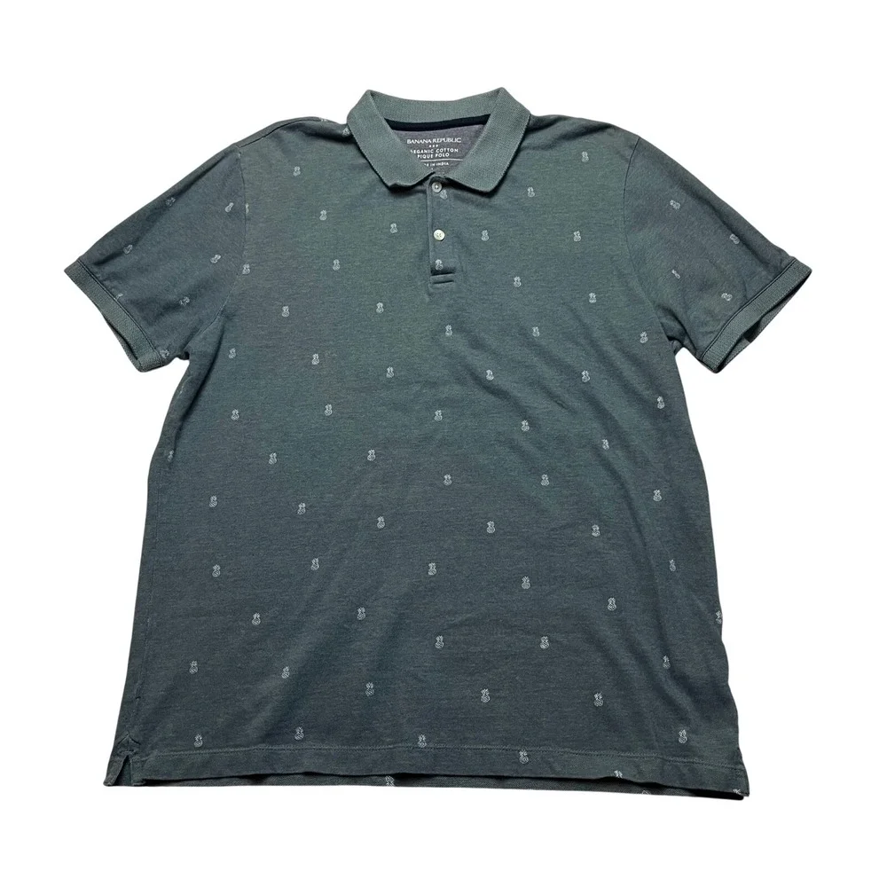 Banana Republic Polo Mens L Grey Tropical Pineapple Organic Cotton Pique Shirt
